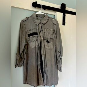 Button down- Biker/ urban/ street. Grey with distress, metal stars, ragged edge